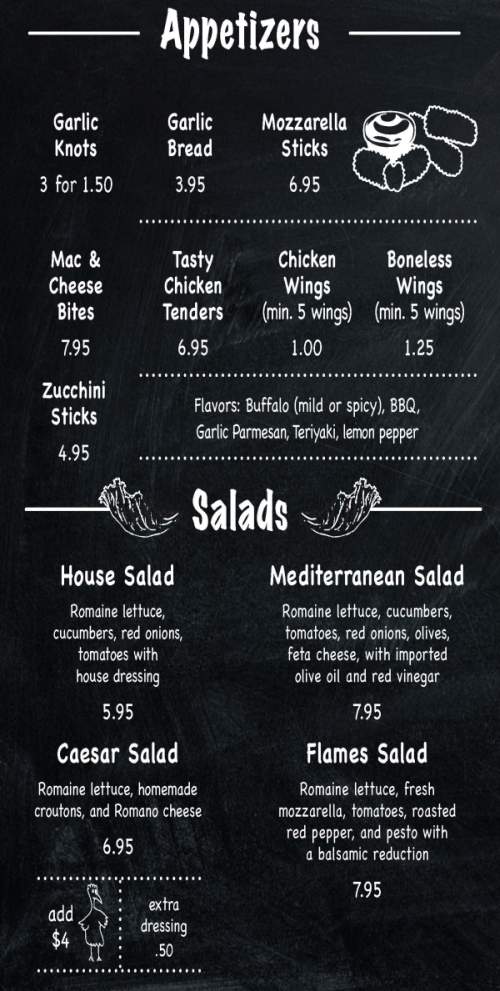 Page 1 of menu, Flames Pizza in New Paltz, NY