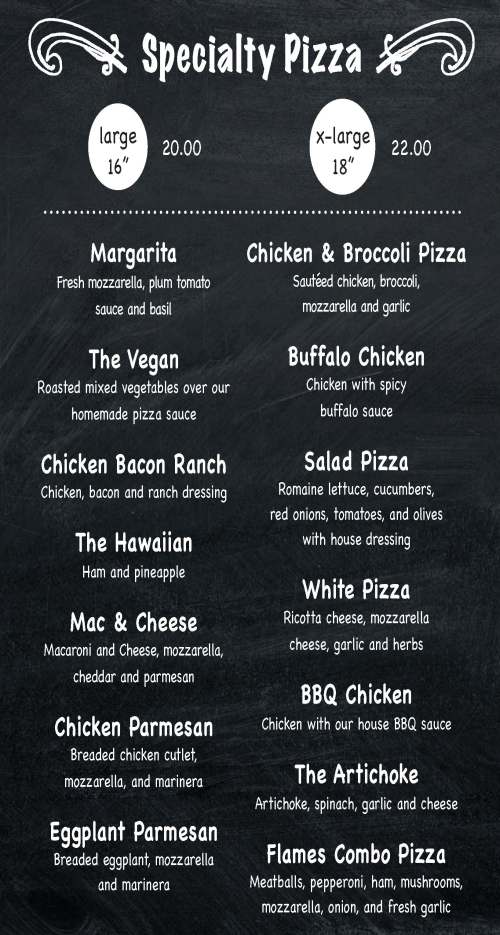 Page 5 of menu, Flames Pizza in New Paltz, NY