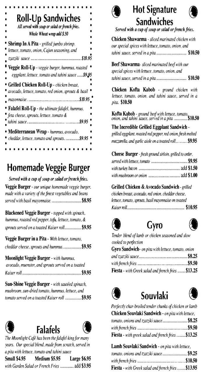 Page 2 of menu, Moon Light Cafe New Paltz, NY