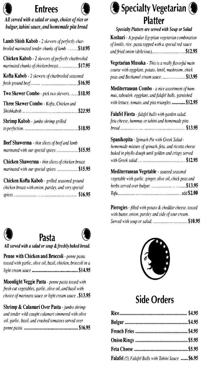 Page 3 of menu, Moon Light Cafe New Paltz, NY